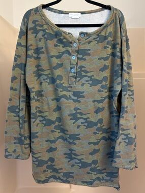 Lovers + Friends Camo Henley Sweater in Green, Brown, Black